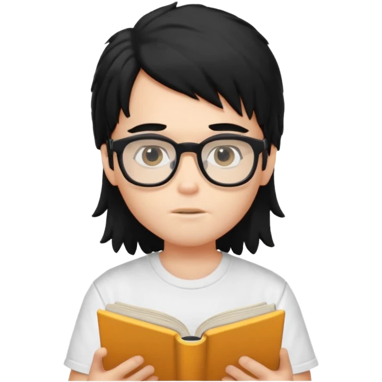 generate a pretty fair bratz boy with a long messy mullet (black hair), wearing a white tshirt. Reading a book. He has spectacles on.  emoji