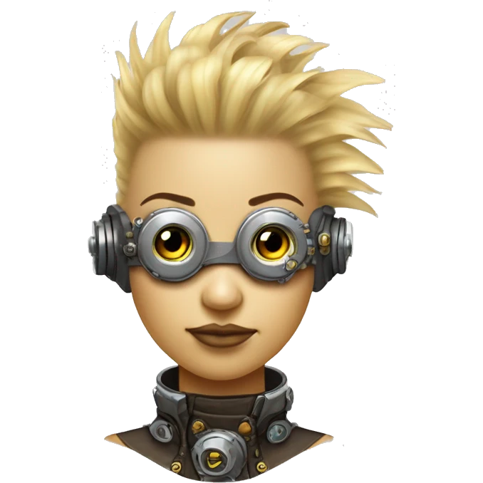 Light yellow Mohawk hair female cyborg head, tan skin, steampunk goggles and circuits emoji