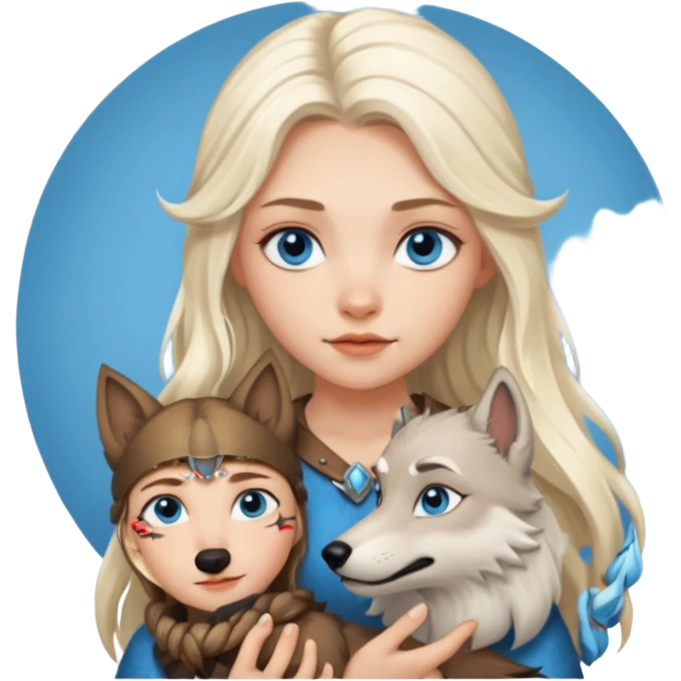 Viking platinum blonde girl with long hair, forelocks and blue eyes. Wolf pet emoji