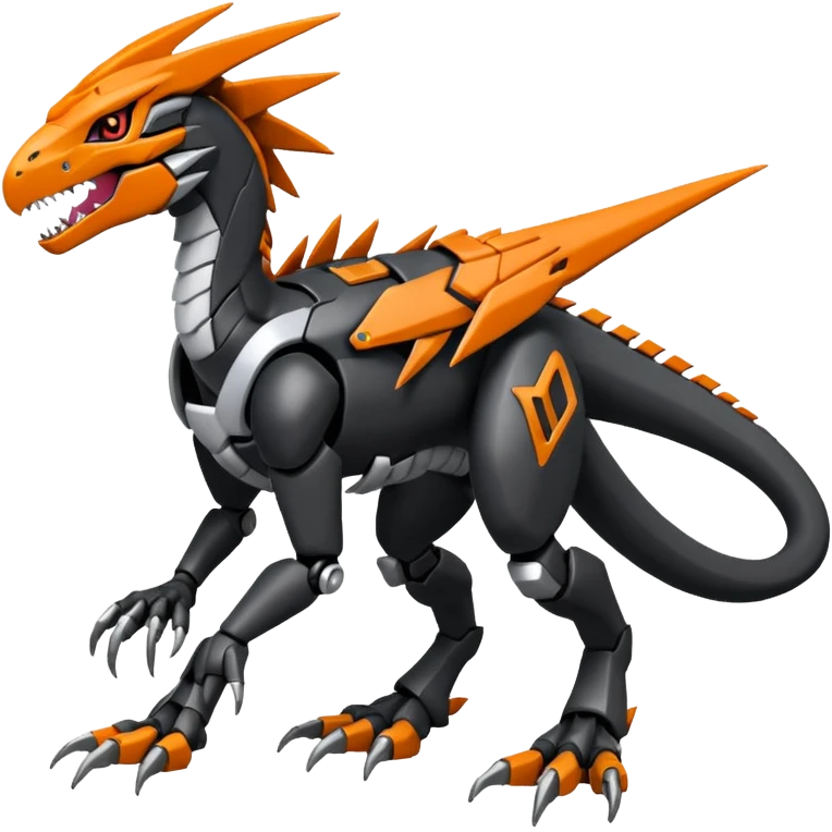 Cool Futuristic Black Orange Cyber-Digimon-Fakemon-Velociraptor-Silvally-Guilmon-Wargreymon-Mecha-fusion (full body) emoji