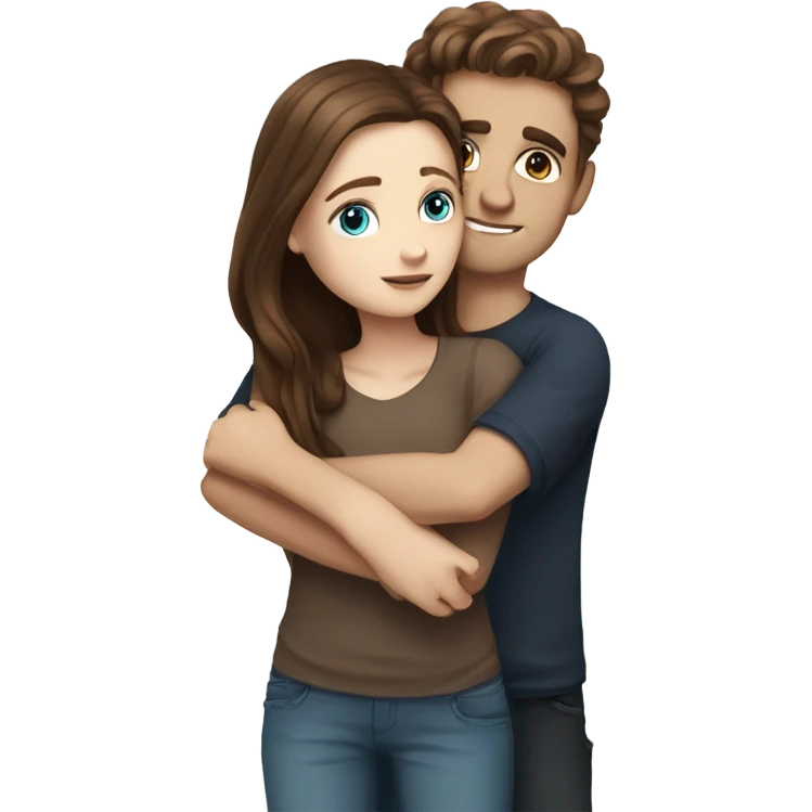 Realistic white girl with long brown hair and white boy with dark brown hair and blue eyes hugging  emoji