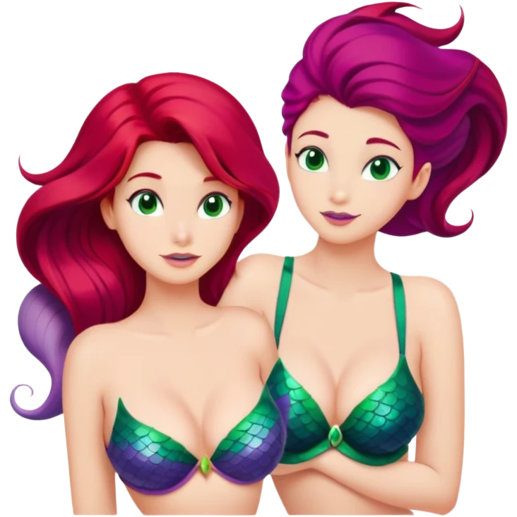 Ariel mermaid from waist up, distinct purple seashell bra, vibrant red hair, green tail hint, minimal style but very recognizable emoji