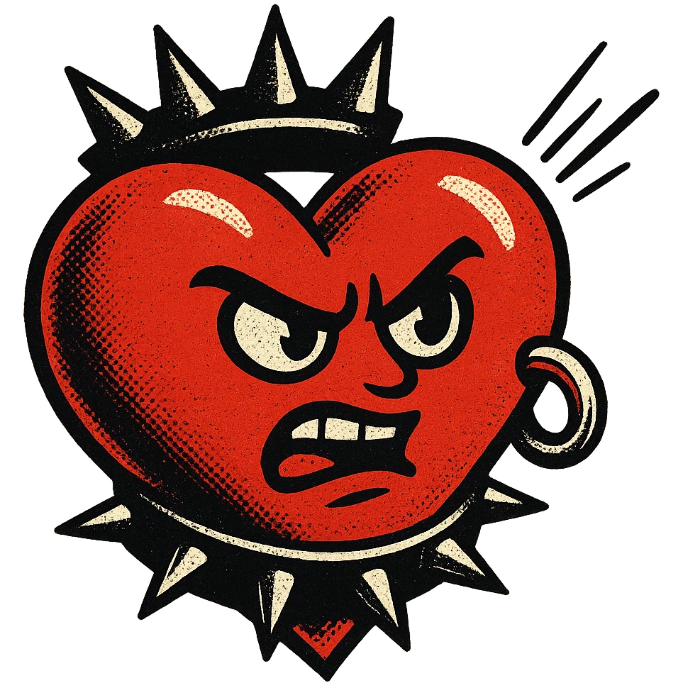 a heart with goth accessories, dramatic and graphic old school comic book style emoji