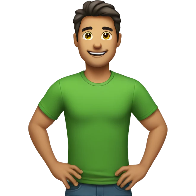 A man wearing a green t-shirt, smiles and puts his hand on his chest emoji