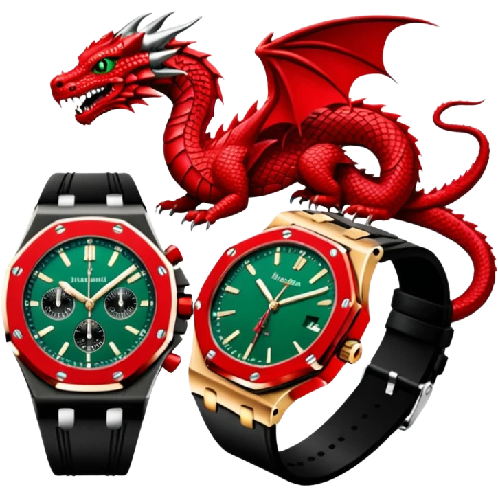 green audemars piguet watch (without text), black bugatti, and a dragon  emoji