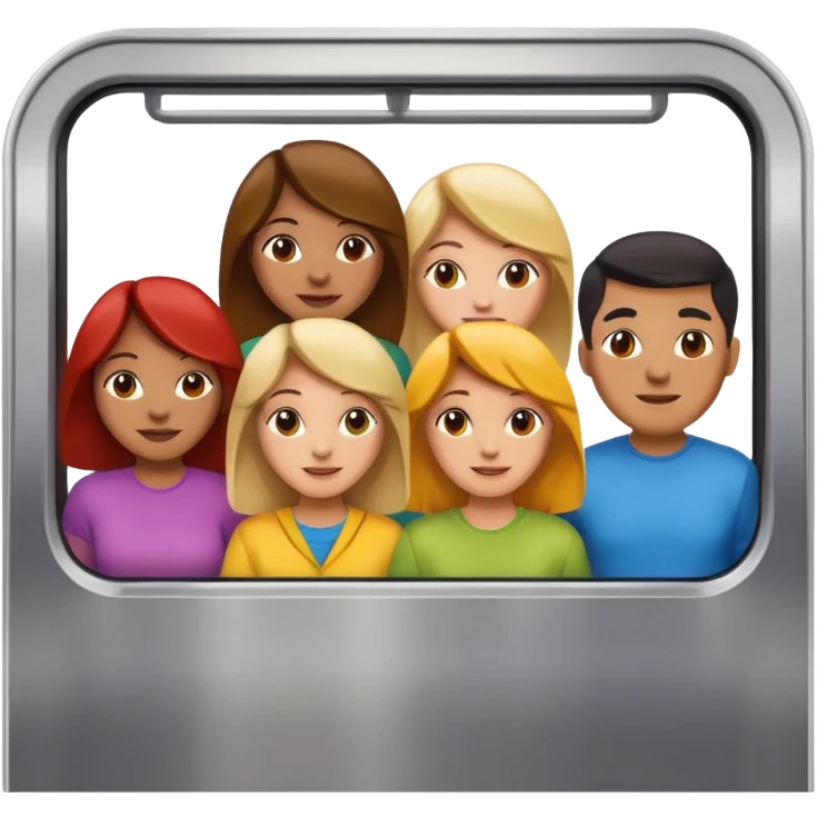 five happy people, mix of women and men, close with each other, inside a subway car resembling Apple emoji subway with colorful exterior, wearing t-shirt style clothes in different light colors, Apple emoji style emoji
