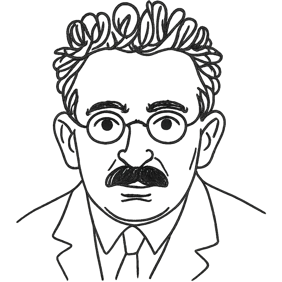 a hand drawn black outline portrait of Walter Benjamin with similar size eyes based a famous photograph of him emoji