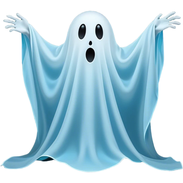 A hilariously exaggerated floating sheet ghost, its simple yet expressive form billowing with animated energy in vibrant whites and pale blues, with two wide, comically shocked eyes and a quirky, startled mouth, simplified yet overflowing with personality, highly detailed with a soft neon-like glowing outline, capturing the playful absurdity of a ghost caught off guard! emoji