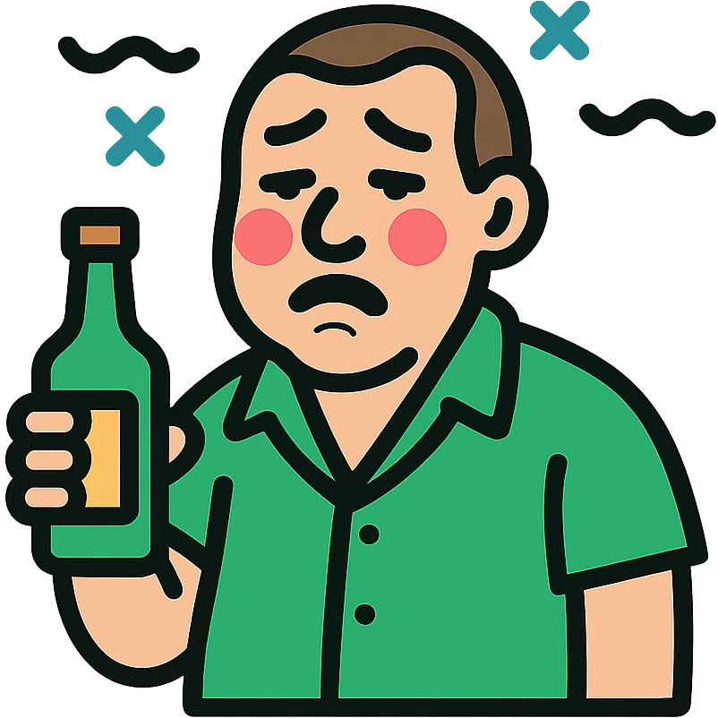 color outlined icon of a GTA character with flushed face, swaying, holding a bottle, comic style emoji