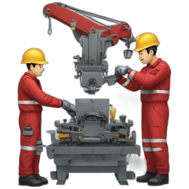 a team of two people disassembling industrial machinery with red uniforms emoji