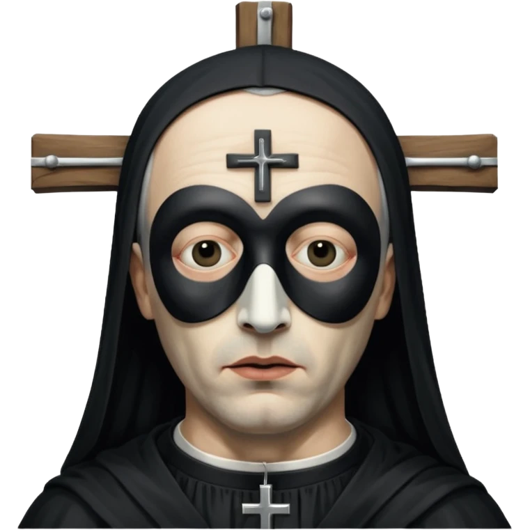 cinematic ultra HD portrait of Joel-Peter Witkin, an American photographer known for his provocative and controversial works, he wears a small black mask with a crucifix over his eyes emoji