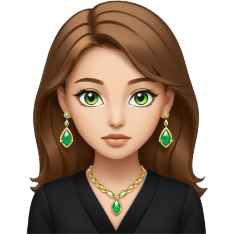 Μια κοπέλα καστανή με μαύρα ωραία ρουχα και σκουλαρίκια και κοσμήματα και βαμμένη ελαφρό και πράσινα μάτια τα κοσμήματα λίγα και χρυσα τα κοσμήματα να είναι λίγα και λεπτα και βαμμενοι emoji