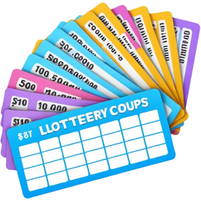 Create blank lottery coupons fanned out, clean and colorful, with different header colors and simple grid sections. No numbers, no text—just empty fields and a lottery-ticket layout. Bright, modern, and on a neutral background. emoji