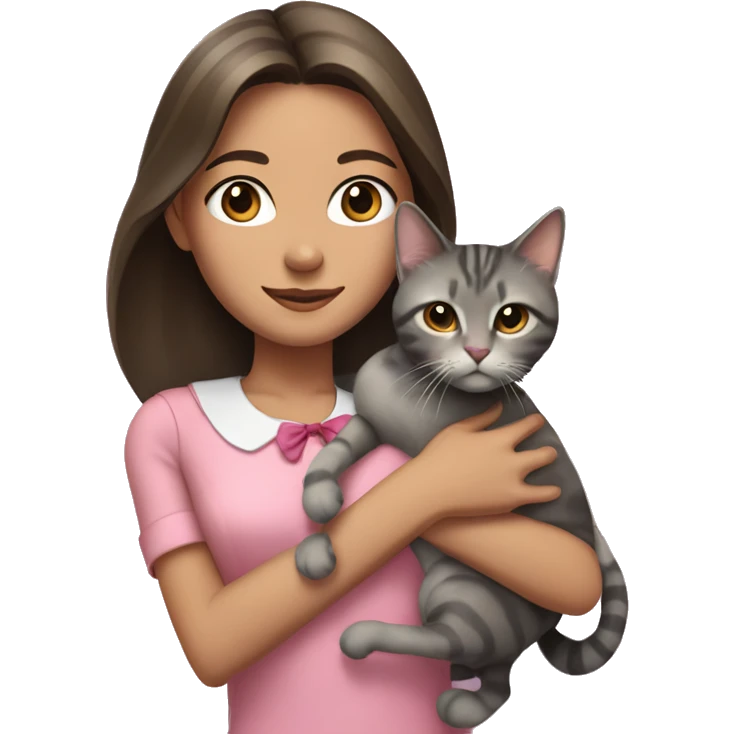 Brunette girl with straight hair in a pink blouse, holding a gray, striped, brown-eyed cat with a bow in her arms emoji