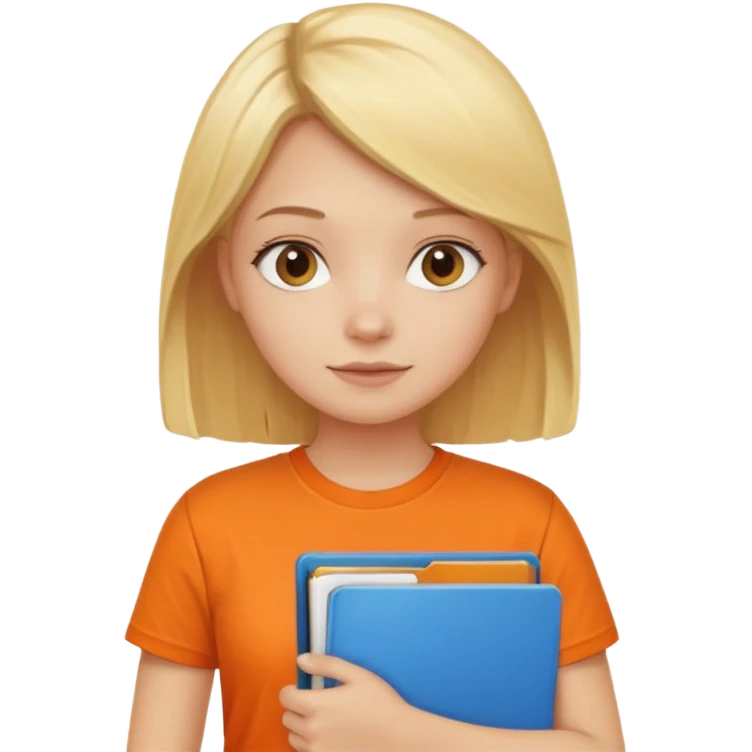 blonde girl in an orange t-shirt holding folders, minimal background emoji
