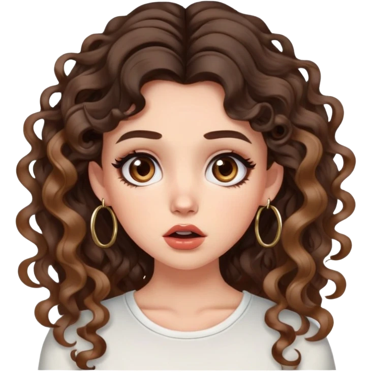 cute girl with not volominous VERY LONG curly/wavy brunette hair with balayage, brown eyes, full lips, cute makeup and hoop earrings white girl. wearing an aesthetic top. SHOCKED FACE emoji