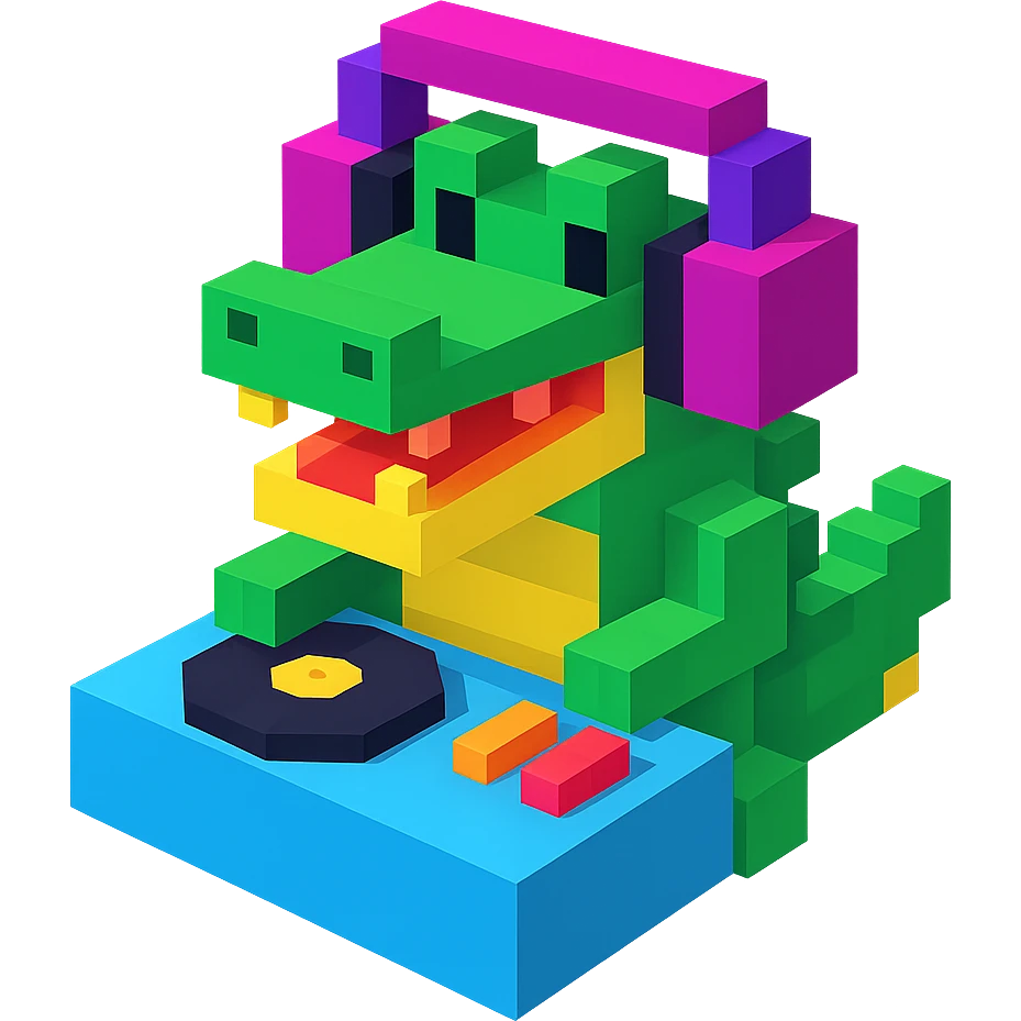 voxel style crocodile DJ with headphones and turntable, isometric view emoji