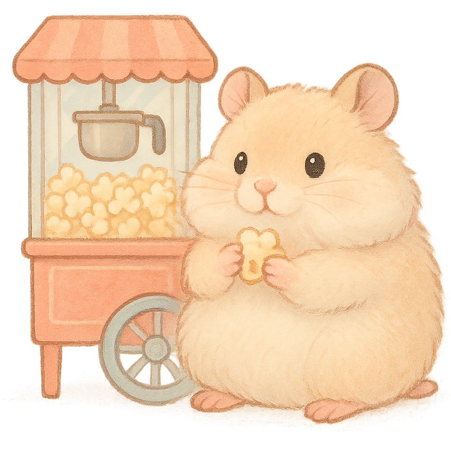popcorn machine hamster, soft fluffy, puffed cheeks, holding popcorn, soft pastel tones, full-body emoji