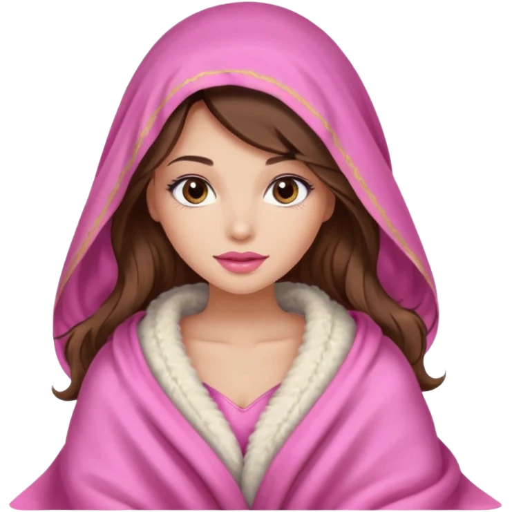 girl with long wavy brown hair, brown eyes, long lashes makeup, sexy pink lips, light to medium complexion, wearing a pink sexy silk top, big blanket over the head cozy holding a cat, remove the cat ears on the hood emoji