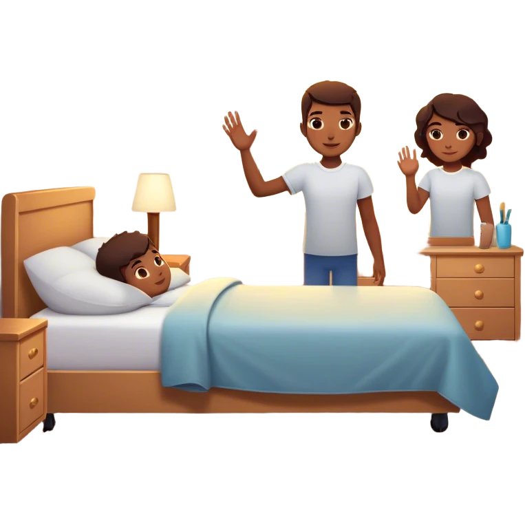 A person stands beside their bed, rolling out groggily with determination. The bed behind them is neatly made, a mirror in front of them shows them high-fiving their reflection. A glowing sunrise outside signals the start of a productive day. emoji