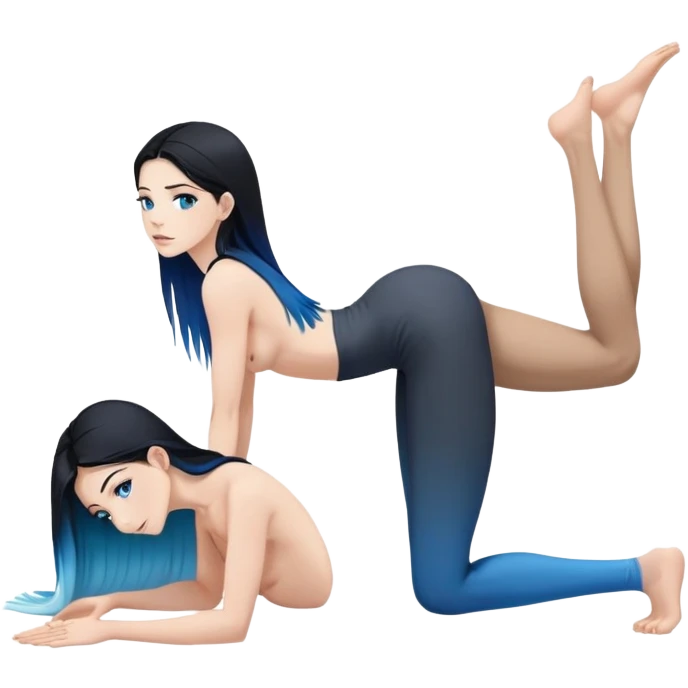 Art of woman's very sexy body scheme anatomy-bare shoulders and front-blue eyes-very long straight black to blue hair ombre-kneeling-front-leaning back-looking at ceiling emoji