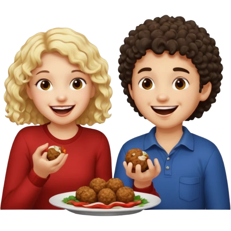 Ragazza bionda leggermente riccia che ride ad un ragazzo con i capelli ricci scuri mentre mangia polpette emoji