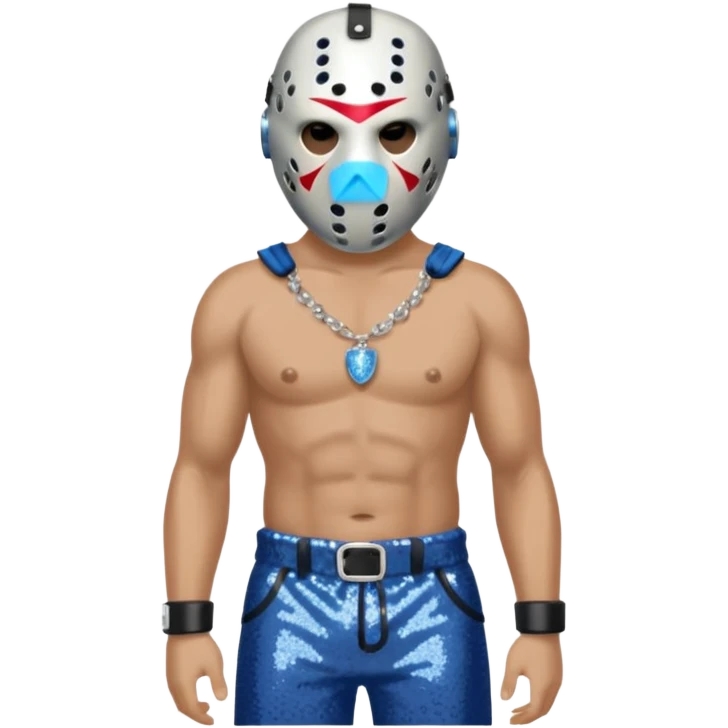 Jason Voorhees with white hockey mask, blue-gray sequin baggy pants, shirtless with necklace emoji