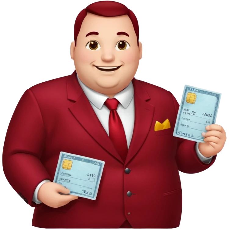 huge fat guy bold head in dark red velvet suit holding cheque emoji