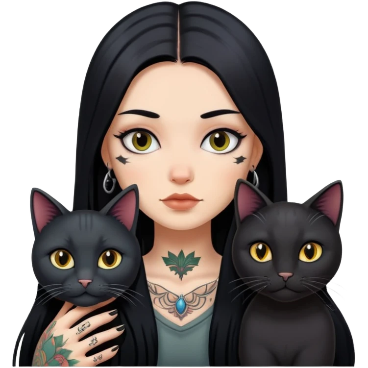 girl with long black  straight hair and tattoos and black cat emoji