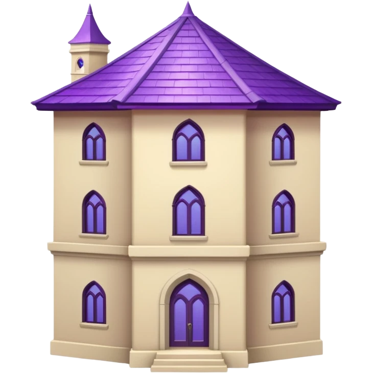 a single tall seclusion tower with large windows above, a purple roof and cream walls, and no entrance emoji