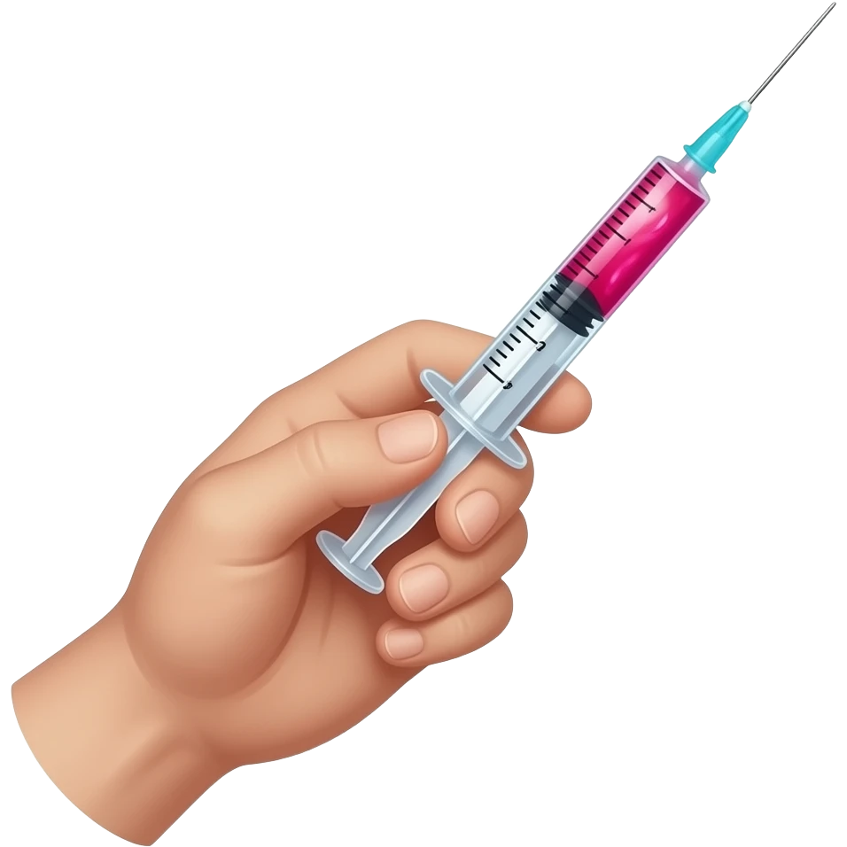 A dainty male hand holding a syringe with glowing neon-red-blue liquid inside emoji