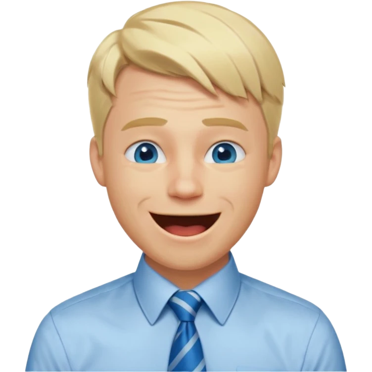 A 27 year old guy with blonde hair and blue eyes that looks masculine. make him wear a shirt with a tie. he is danish. He is laughing extremely hard. More extreme expression emoji