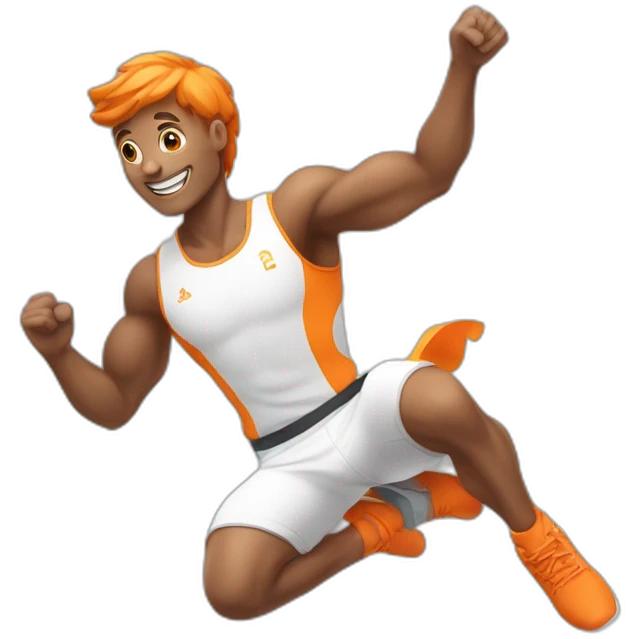 male athletic parcour athlete in orange white cloths, captured mid-air emoji