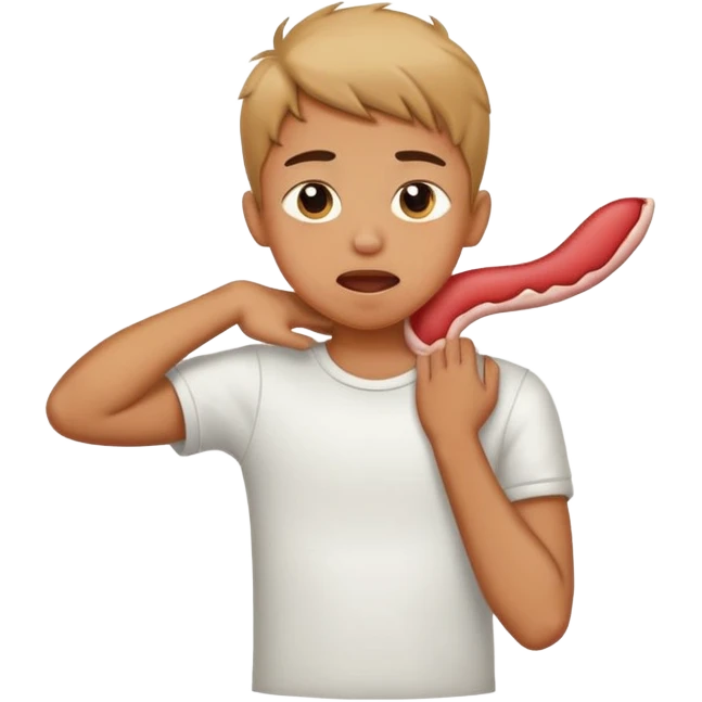A boy crossing his arms holding his neck sticking his tongue out emoji