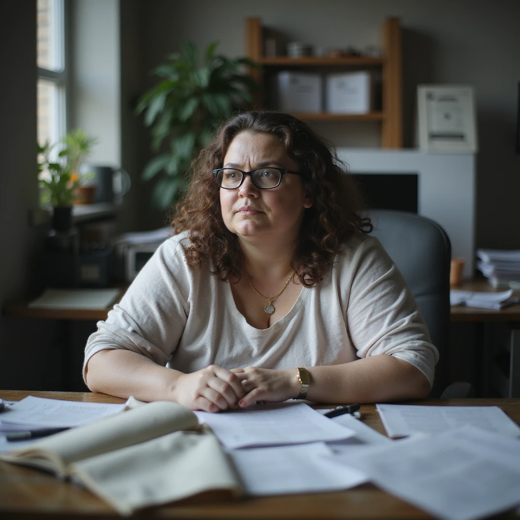 obese woman sitting at a desk, lost and tired look, surrounded by papers and computer, realistic atmosphere, hyperrealistic 4K details, office environment, signs of cognitive slowing emoji