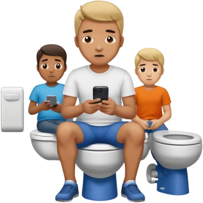Man on toilet playing on phone while people wait to use bathroom emoji