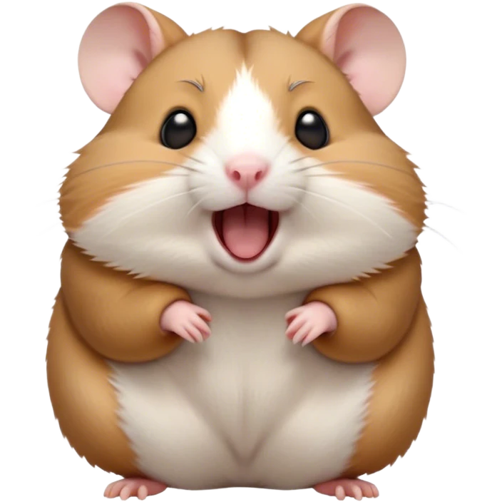 Cinematic Cute Yawning Brown and White Banded Hamster Portrait Emoji, Head tilted slightly with a dramatic, wide-open yawn, revealing a soft, banded fur of brown and white with tiny droopy ears, round dark eyes barely open in drowsy contentment, Simplified yet irresistibly adorable features, highly detailed, glowing with a soft, cozy glow, high shine, relaxed yet expressive, stylized with a touch of whimsy, bright and endearing, soft glowing outline, capturing the essence of a sleepy yet affectionate hamster, so drowsy it feels like it could stretch out of the screen and curl up for a nap! emoji