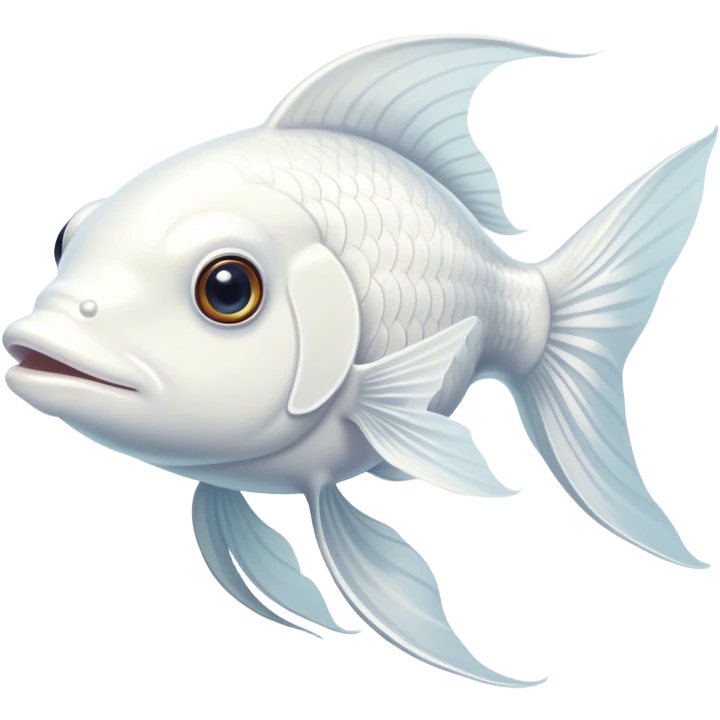 Cinematic Noble White Goldfish Portrait Emoji, Poised and regal, with a sleek, streamlined build and a luminous, pure white body, deep-set soulful pale eyes, Simplified yet sharp and sophisticated features, highly detailed, glowing with a soft, dignified glow, high shine, intelligent and graceful, stylized with an air of aquatic purity, focused and attentive, soft glowing outline, capturing the essence of a watchful and confident aquatic companion, so majestic it feels as though it could glide out of the screen with effortless authority! emoji