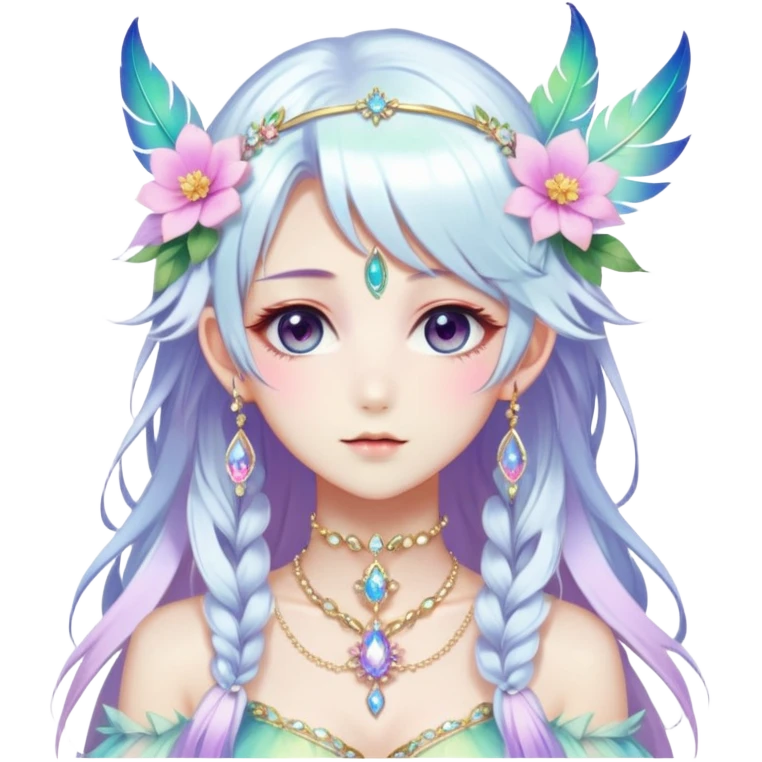 Beautiful gorgeous anime lady with beautiful iridescent-white-special-hair, fashion aesthetic, ethereal, fairycore, pastelcore, feather, flower, gems, accessories, jewelries, gold, colorful emoji