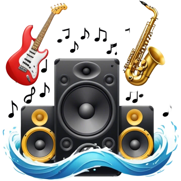Icon for R&B Music Listening: large concert speakers and headphones with waves of musical notes coming out, along with drums, bass guitar and saxophone. The icon should convey the energetic and rhythmic vibe of R&B music. Transparent background emoji