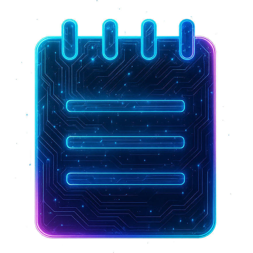Transform the Windows Notepad icon into a cyberpunk, holographic style with glowing neon blue and pink edges, circuit patterns throughout the entire icon, and a transparent background. Maintain the recognizable notepad shape with spiral binding and lines, overlaying neon and circuit effects in a consistent futuristic, clean cyberpunk glow style with intricate circuit details, similar to previous cyberpunk icons. emoji