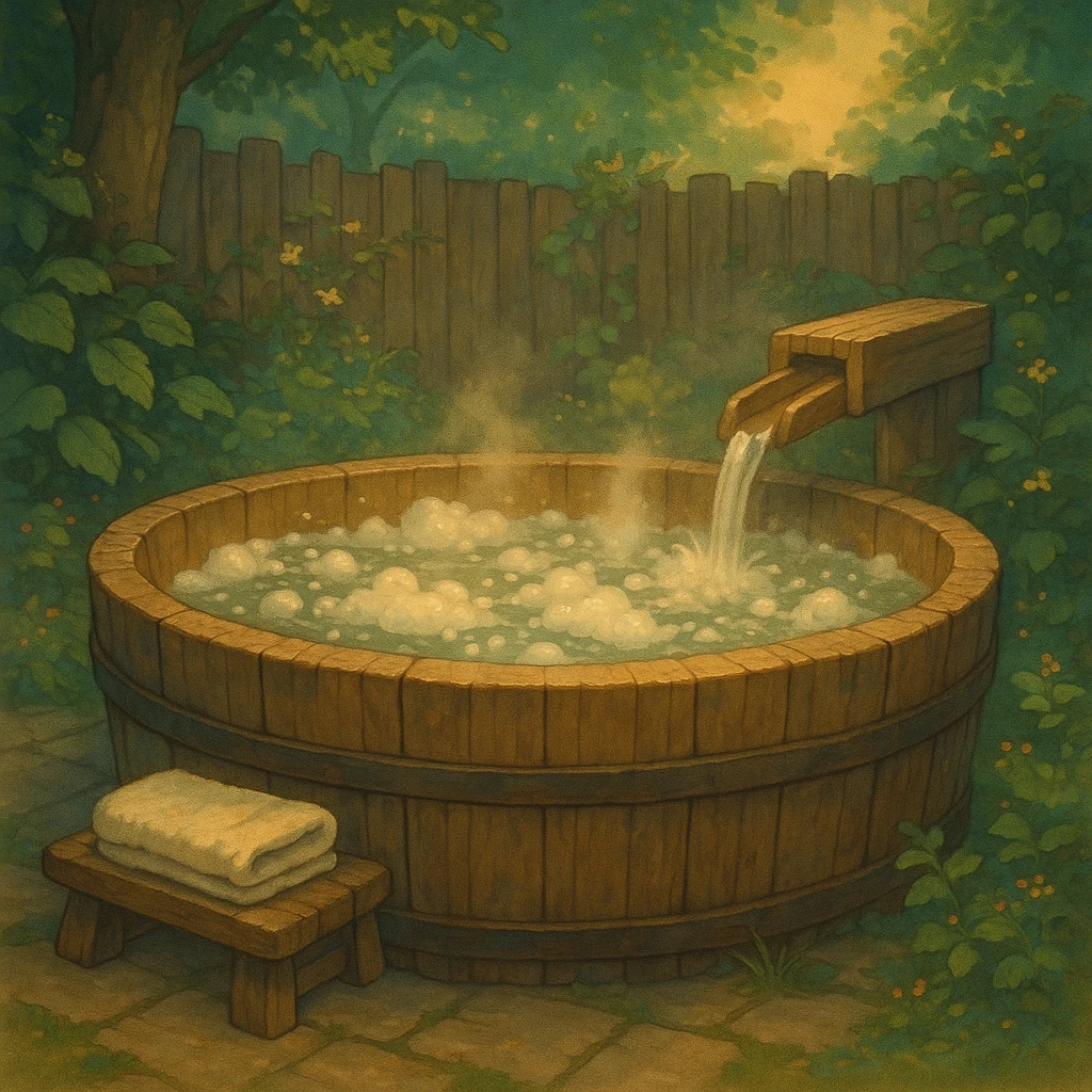 a hot tub, wooden, rustic, with bubbles, ghibli-inspired style emoji