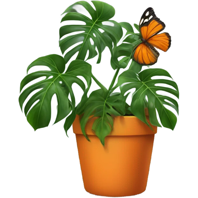 monstera in an aesthetic dark orange pot and on the leaf is an orange butterfly emoji
