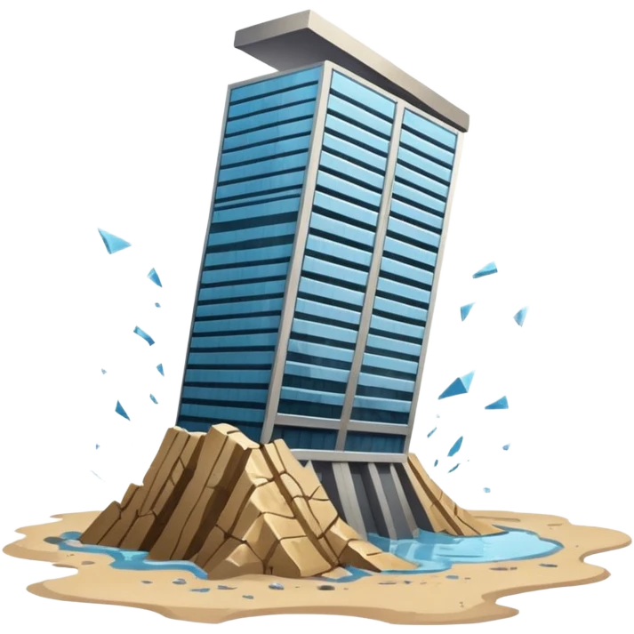 A skyscraper collapsing on quicksand, with floors breaking apart and falling out of the structure, glass and steel debris falling, realistic lighting, cinematic atmosphere, dramatic destruction, ultra detailed emoji