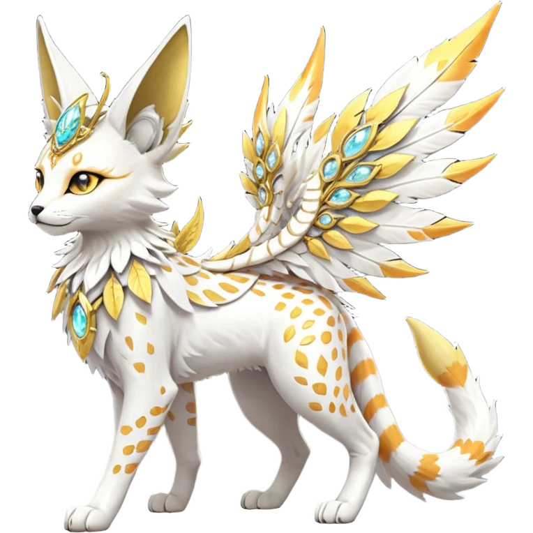 Epic complex fantasy glorious detailed futuristic divine godly angelic feathery sunny, white, albino, pastel, golden, orange glowing sparkly, realistic Fakémon-Sprigatito-Floragato-Meowscarada-Trico-Sergal-Serval-Solgaleo-Vernid-creature (full body) solarpunk, shiny sparkly with a gold laurel emoji
