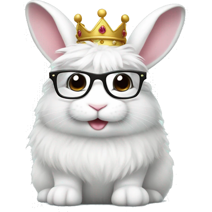 cute super fluffy white bunny with glasses wearing a crown emoji