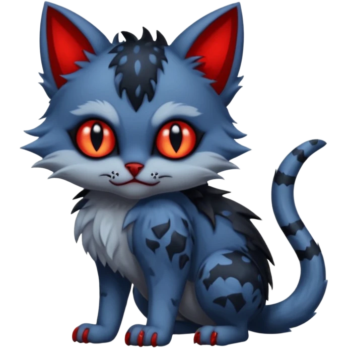 Vampiric scary spooky dark gloomy evil cute midnight blue-gray-black, with red markings, white belly, scaley scaly batty feline-like quadrupedal digitigrade furry feral Bastet-Noibat-Gatomon-Garchomp-Digimon-Fakémon-Pokémon-creature (full body) emoji