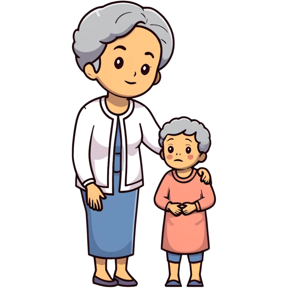 Full body view of a Black mother with Alzheimer's disease who has a 19-year-old child, gentle posture, slightly confused expression, comfortable clothing emoji