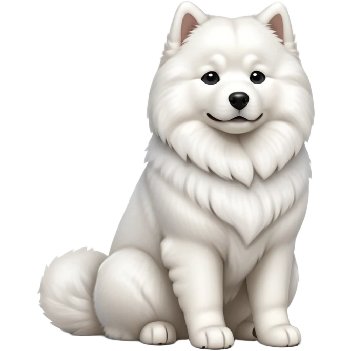 cinematic-[samoyed]-realistic-full-body-sitting-emoji,-tail-resting-loosely-beside-its-paws,-head-tilted-dramatically, -fluffy-[white]-fur,-simplified-yet-realistic-focused-features,-highly-detailed,-glowing-with-an-almost-sarcastic-glow emoji