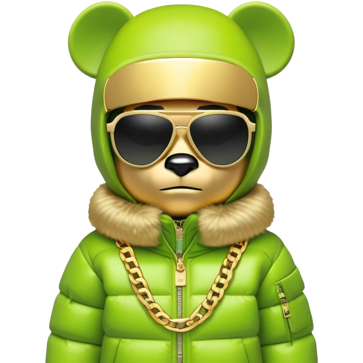 geometric bearbrick in lime balaclava with brand logos, luxurious puffy winter jacket with fur collar, futuristic one-piece shield sunglasses, multiple gold chains, hip hop style emoji